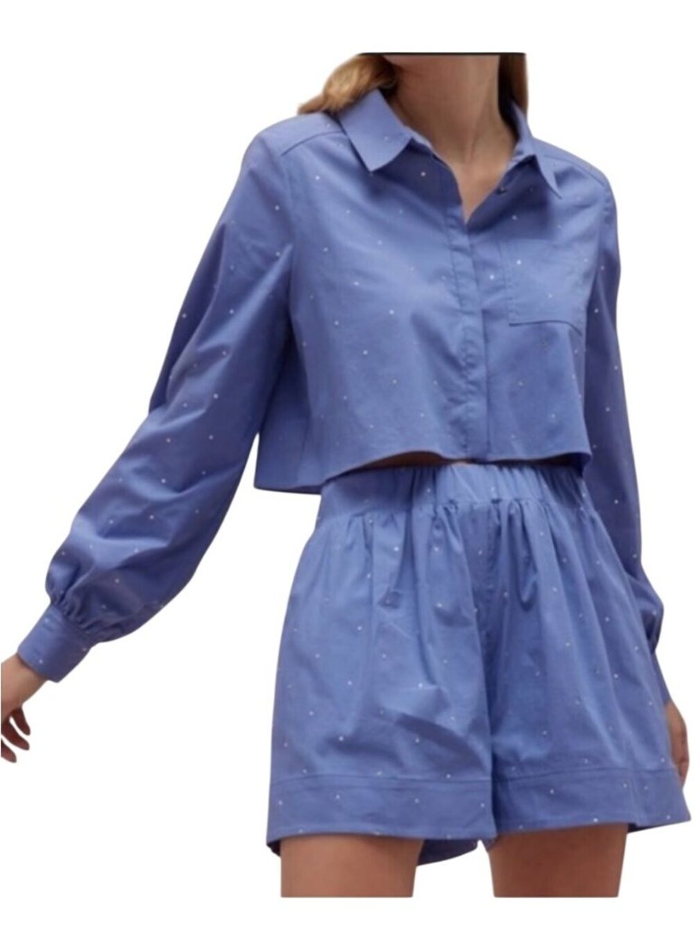 Jason Wu NWT Blue Rhinestone Embellished Cropped Blouse Short Set Size L